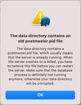 alt=“The data directory contains old postmaster.pid file”