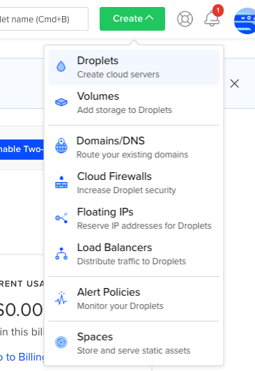 alt=“DigitalOcean create droplet”