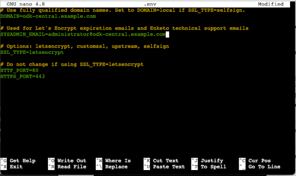 “modified odk central .env settings file”
